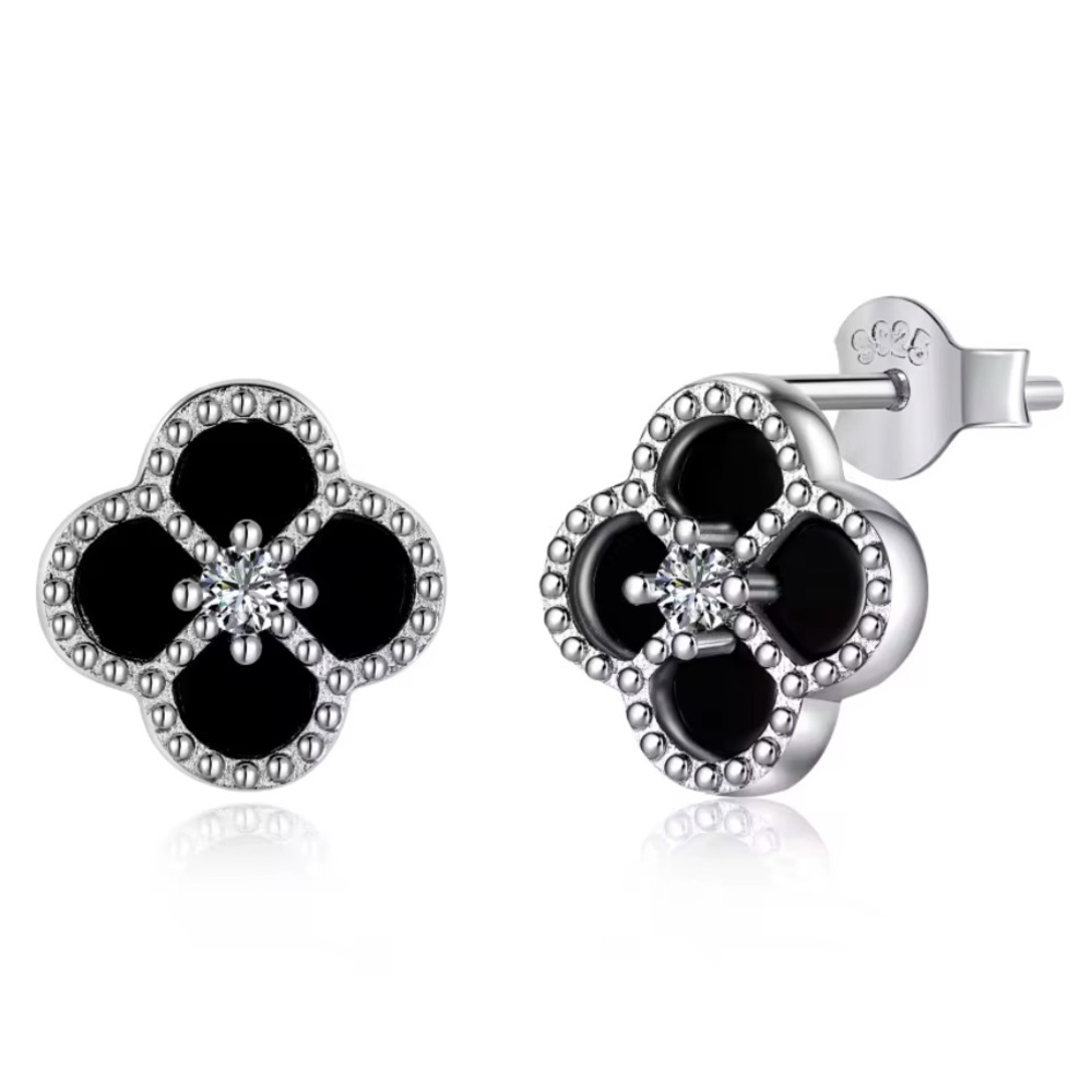 S925 Sterling Silver Trendy Black Clover Earrings One Cubic Zirconia Studs